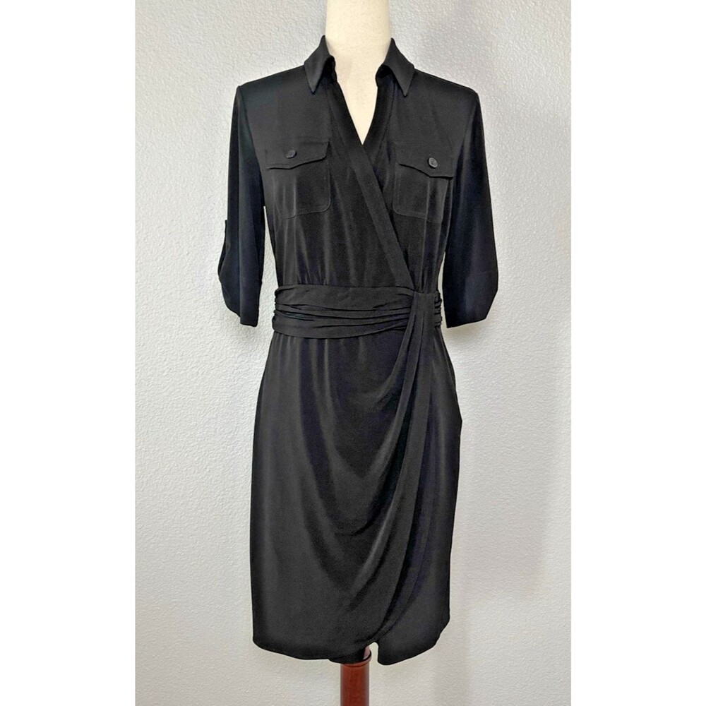 Suzi Chin Maggy Boutique black roll tab sleeve wrap dress 10 city $130